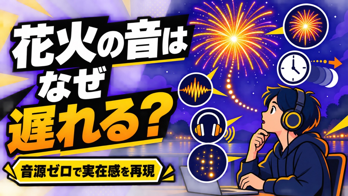 「花火の音はなぜ遅れる？ 音源ゼロで実在感を再現」——花火ジェネレーター制作記のイラスト
