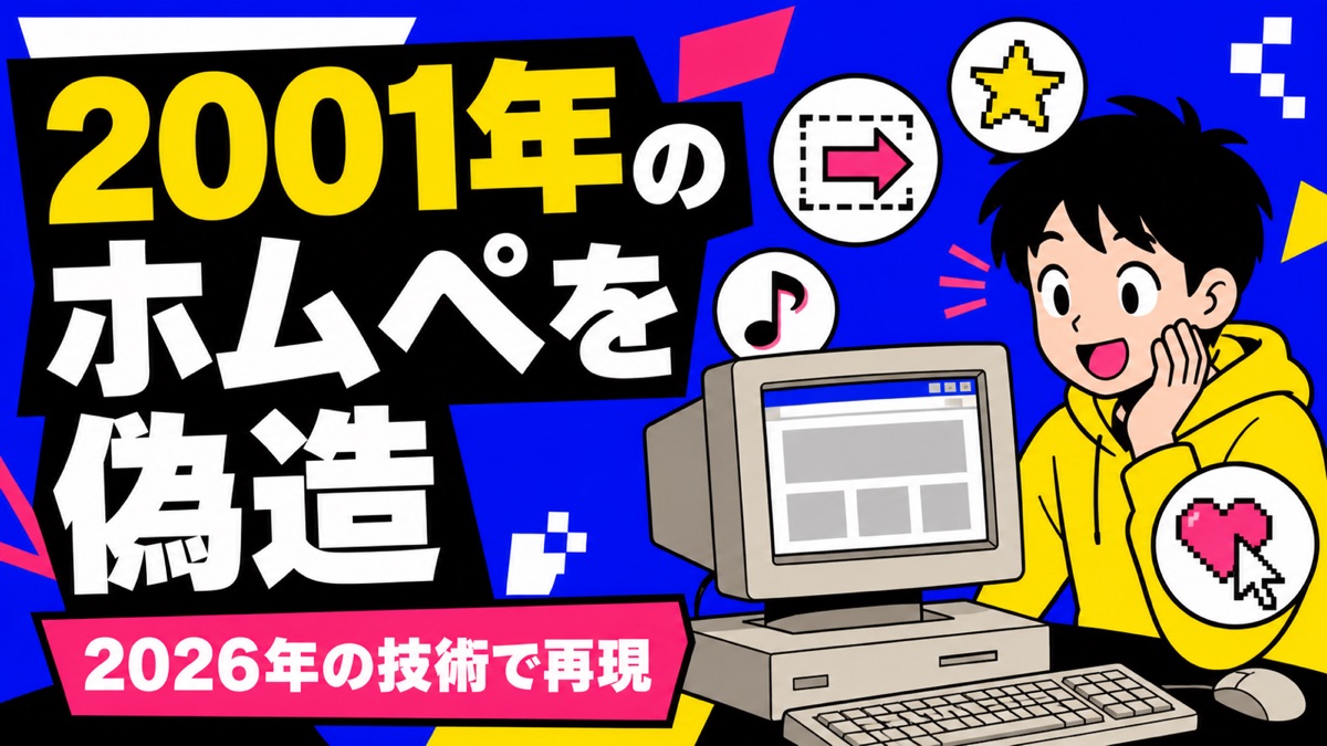 「2001年のホムペを偽造 2026年の技術で再現」——ホムペジェネレーター制作記のイラスト