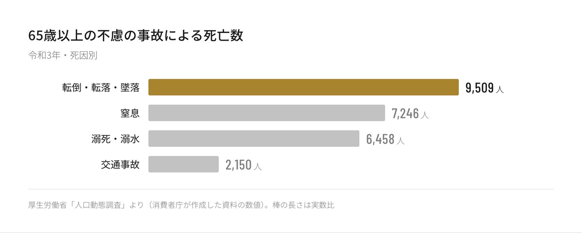 65歳以上の不慮の事故による死亡数の横棒グラフ。転倒・転落・墜落9,509人、窒息7,246人、溺死・溺水6,458人、交通事故2,150人
